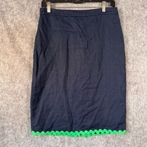 J Crew Linen Pencil Knee Skirt Size 4 Navy‎ Blue Ric-Rac Trim Twee Preppy